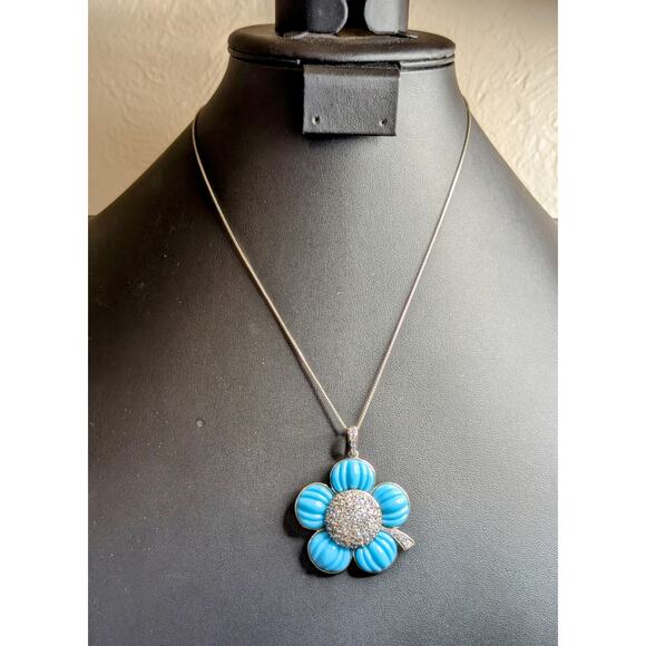 ROSS-SIMONS 925 Simulated Italian Turquoise CZ Flower Pendant Chain Necklace - Picture 8 of 8